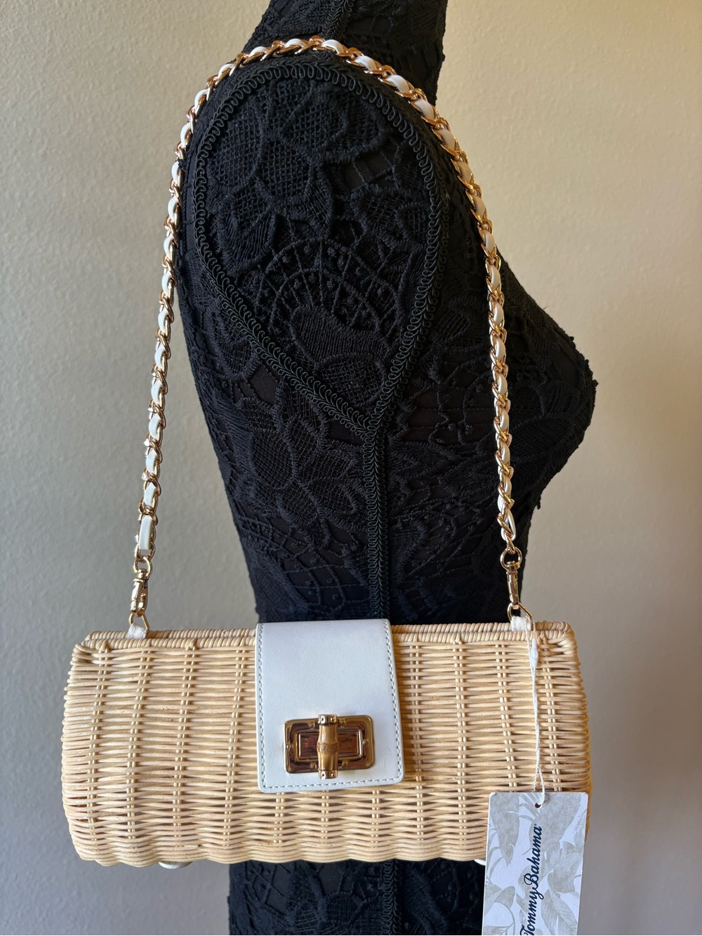 Tommy Bahama Cream Wicker Crossbody with Gold Chain
